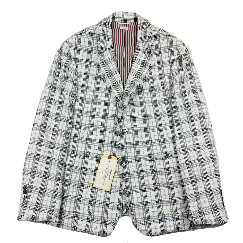 Thom Browne Patch Pocket Gingham Check Tweed Frayed Oversized Sack Jacket 3 NWT